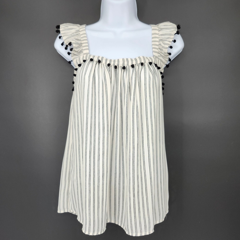 Black White Stripe Pom Pom Trim Top Small Flutter Sleeve Party Festive